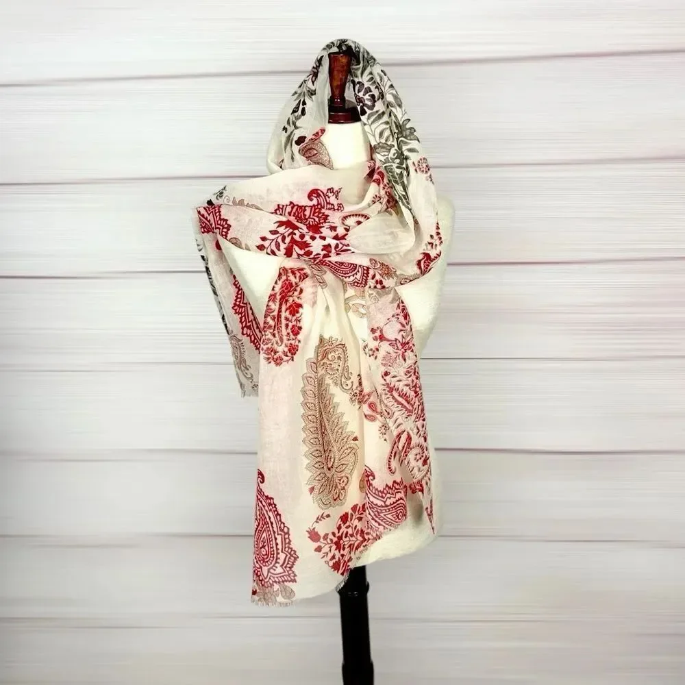 NWOT J. Jill Lightweight Oblong Scarf Woven Wool Paisley Wrap Ivory Red 24x70